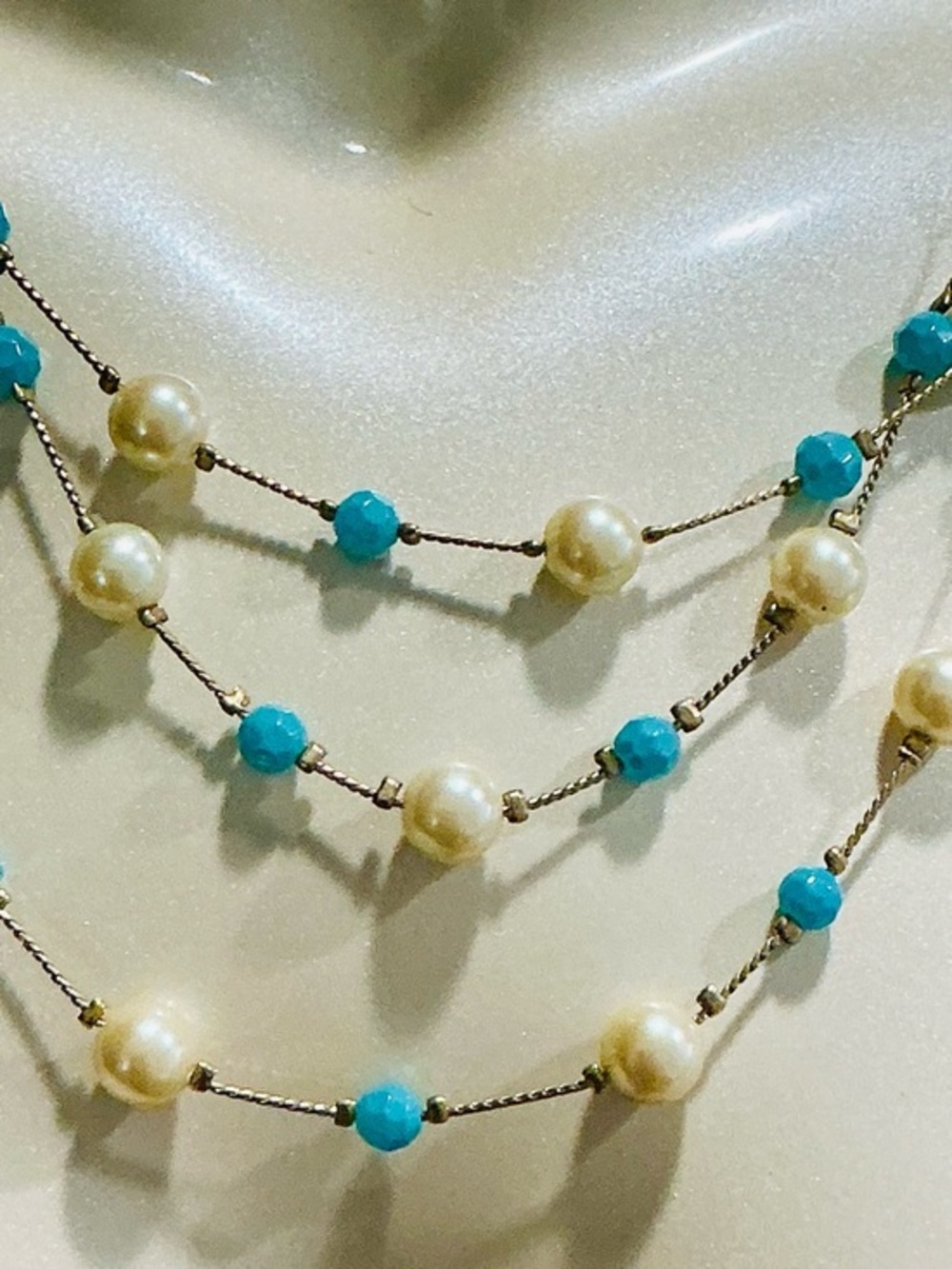 VTG Monet Cream Pearl and Faux Faceted Turquoise Beads Multi-Strand GLD Necklace